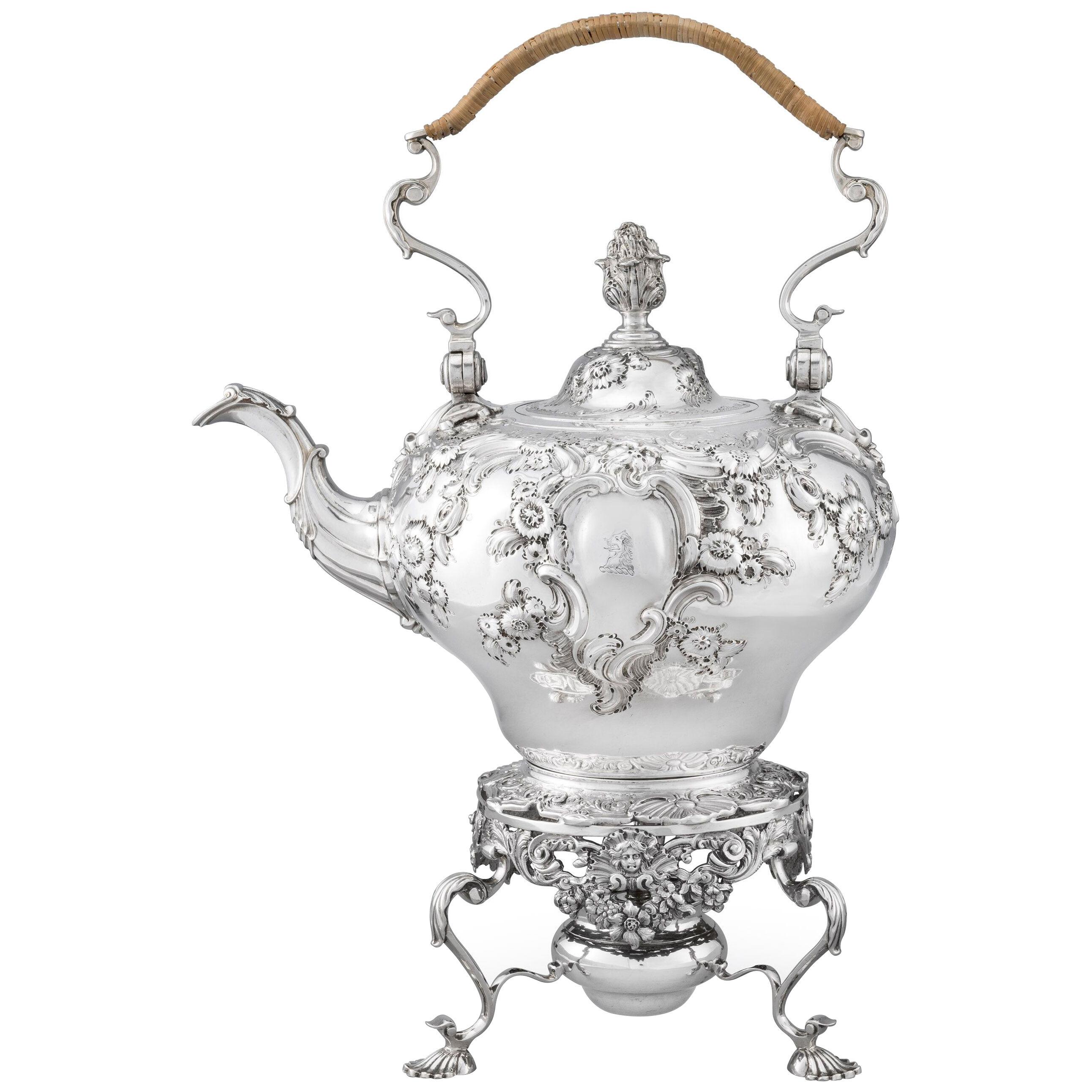 An Antique Silver George II Kettle on Stand