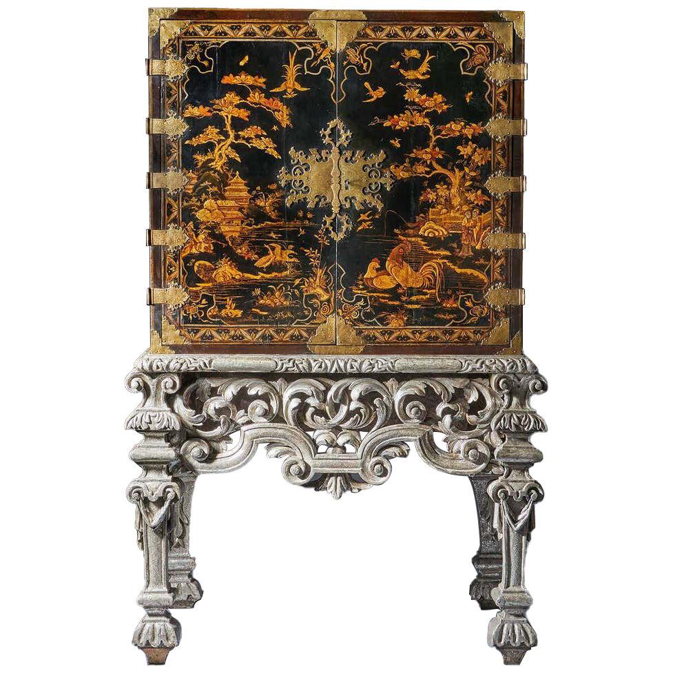 17th Century William and Mary Japanned Cabinet on Original Silver Gilt Stand.