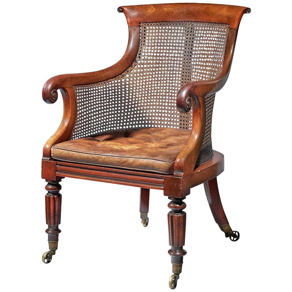 Early William IV Mahogany Bergère Armchair of Large Scale with original leather
