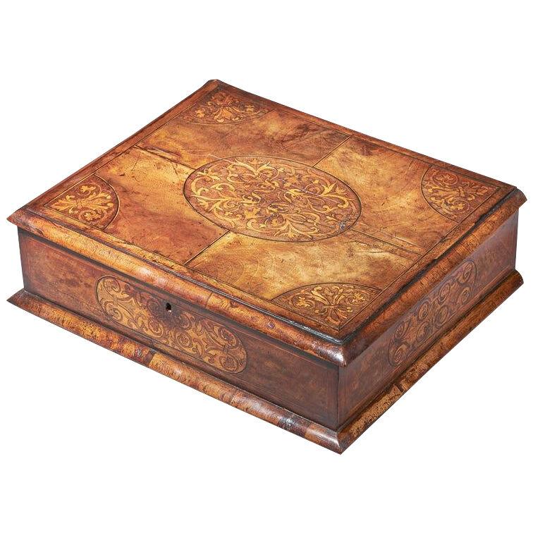 17th Century Figured Walnut and Seaweed Marquetry Lace Box