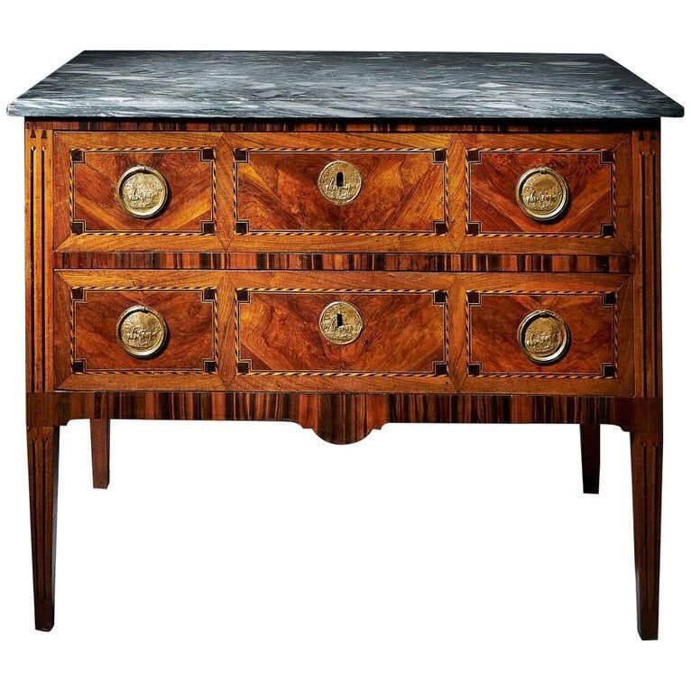 A Fine 18th Century Italian Walnut and  Parquetry Marble Topped Commode