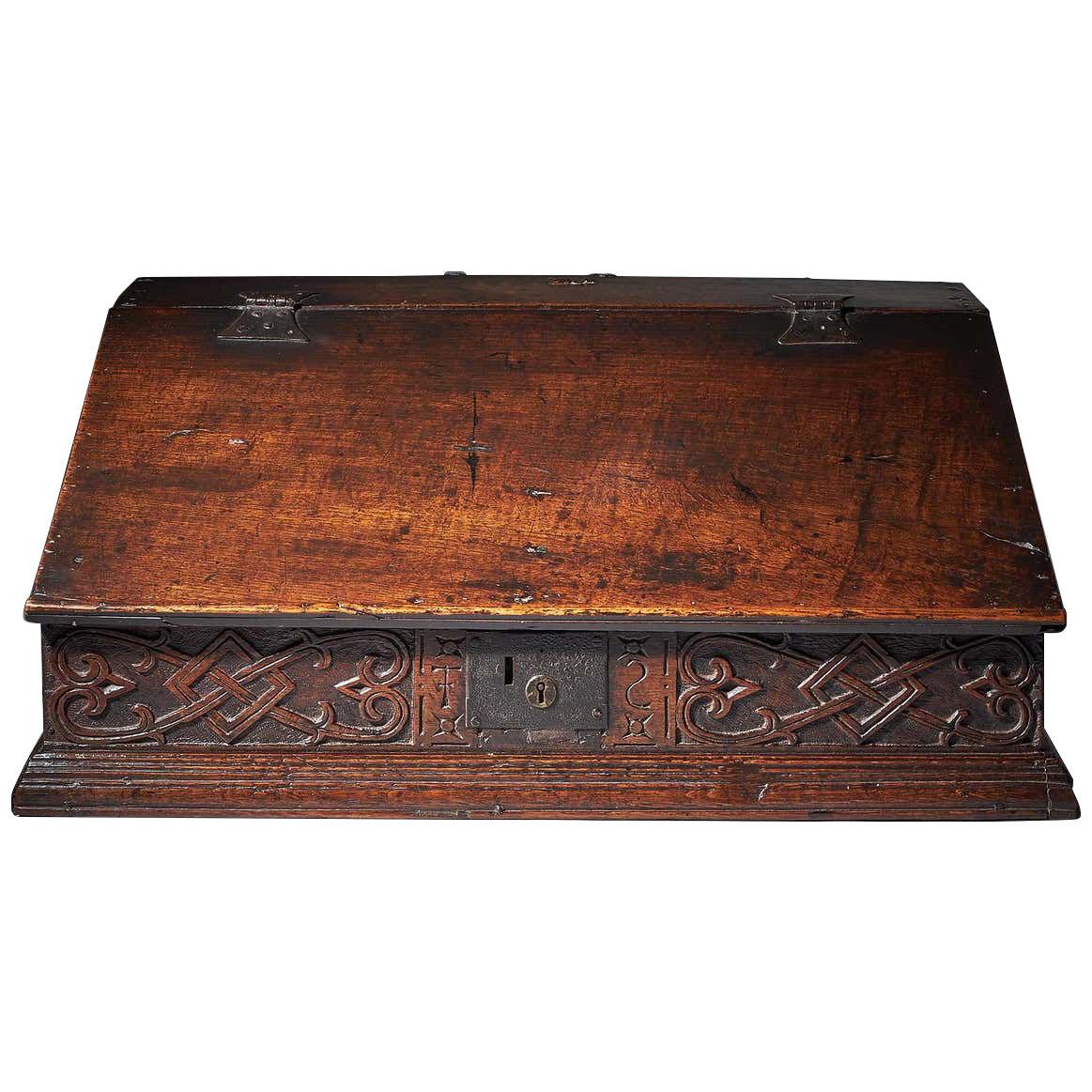 17th Century Charles II Carved Oak Writing Box or Desk Box circa 1660 England
