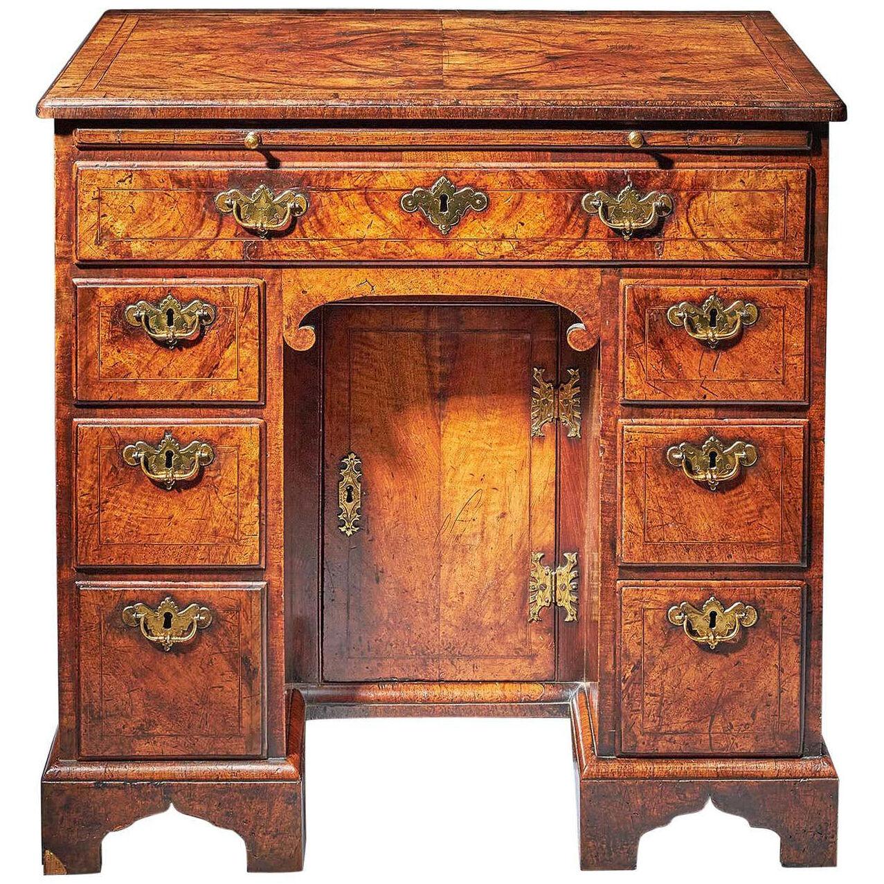 Figured Walnut George II 18th Century Kneehole Desk, Circa 1740, England