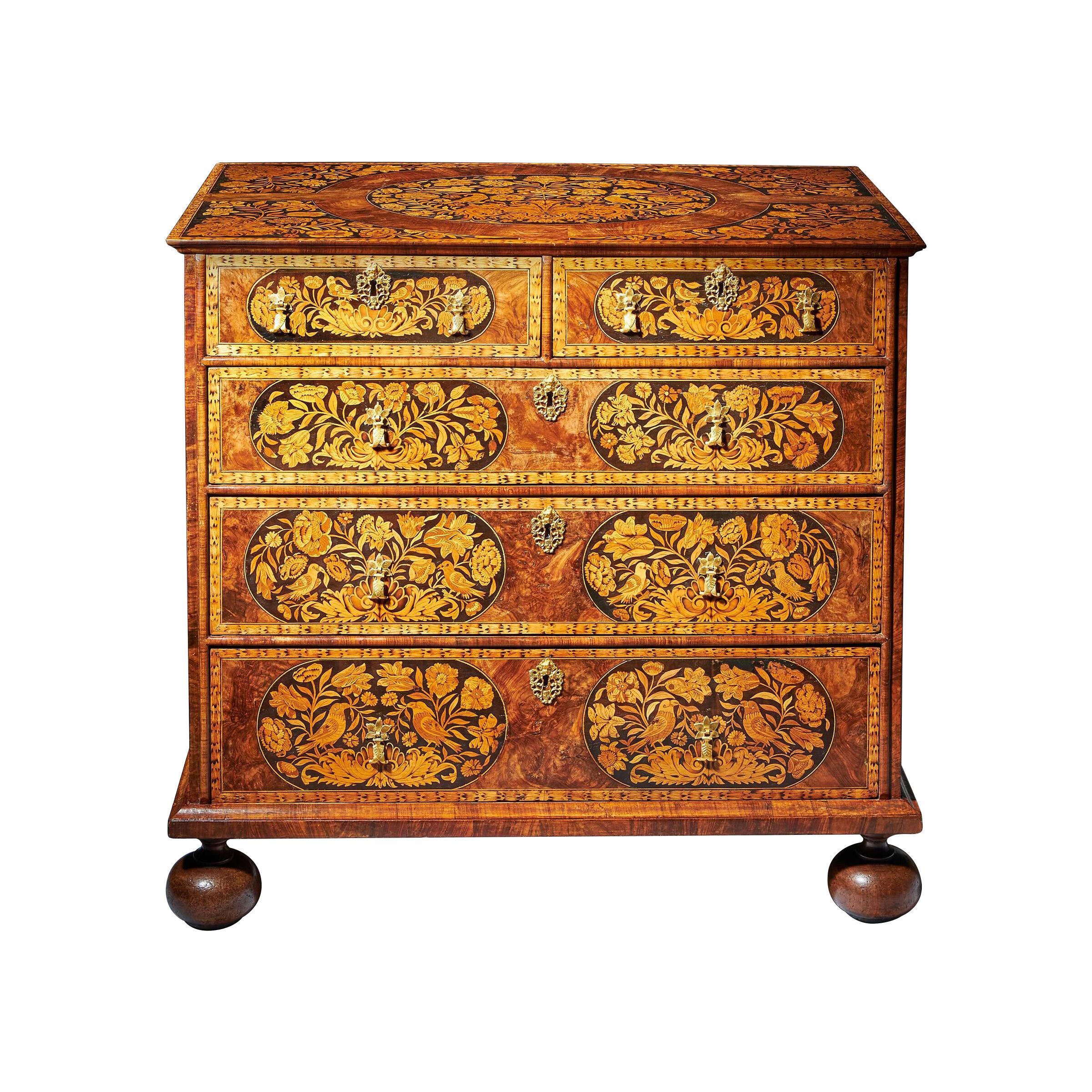 Fine 17th Century William and Mary Burr Walnut Marquetry Chest of Drawers