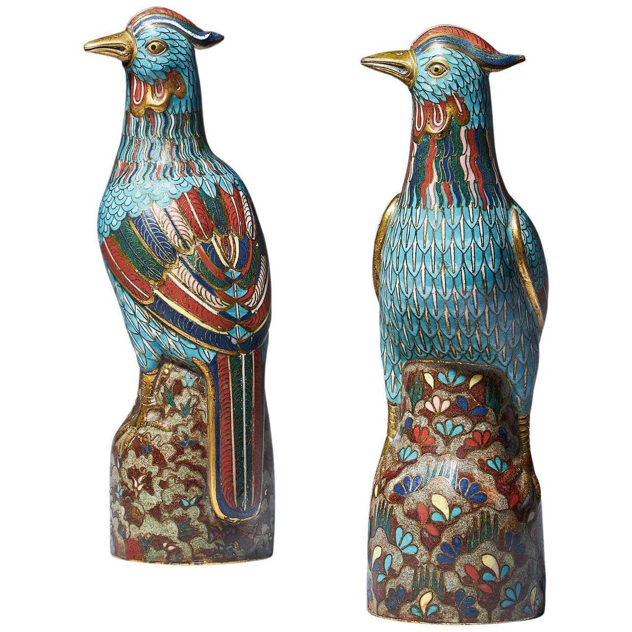 A Pair of 19th Century Late Qing Dynasty Chinese Cloisonné Phoenix Figures