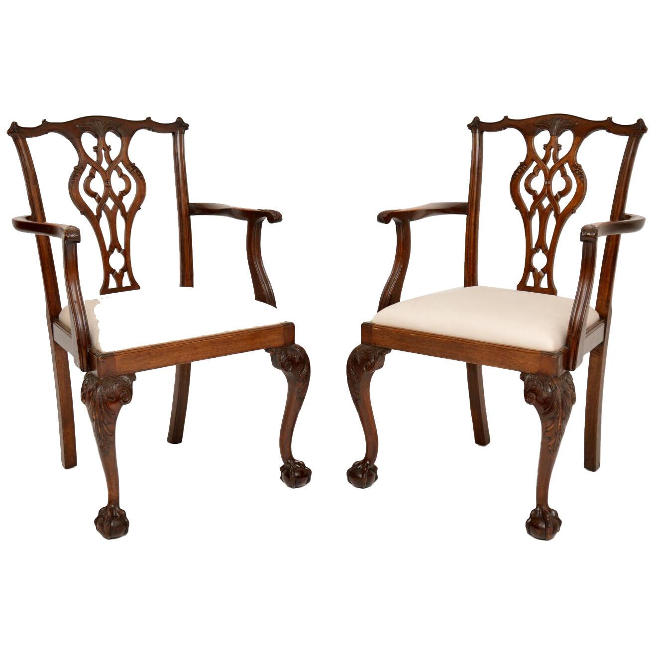 Pair of Antique Chippendale Revival Mahogany Carver Armchairs