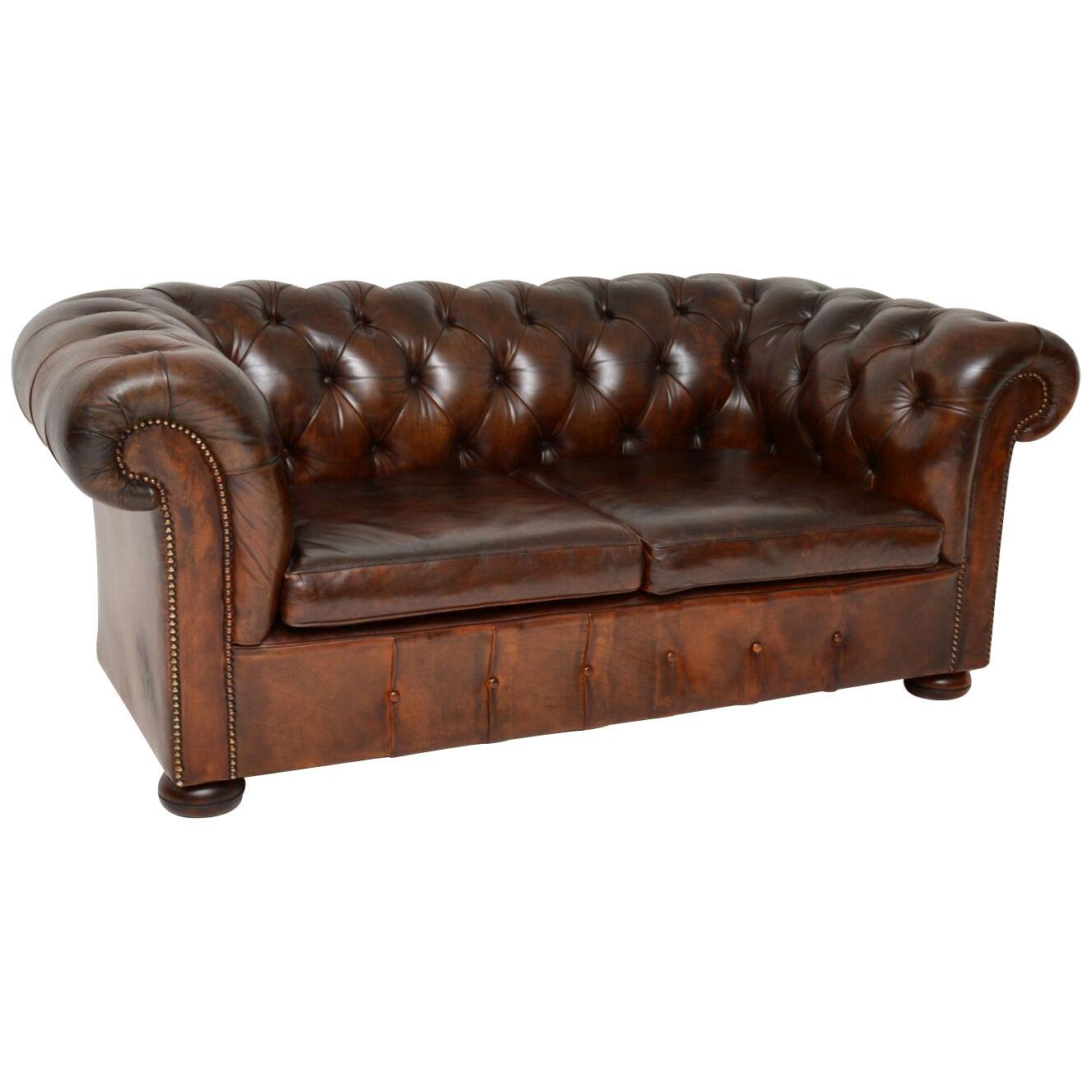 Antique Leather Two Seat Chesterfield Sofa