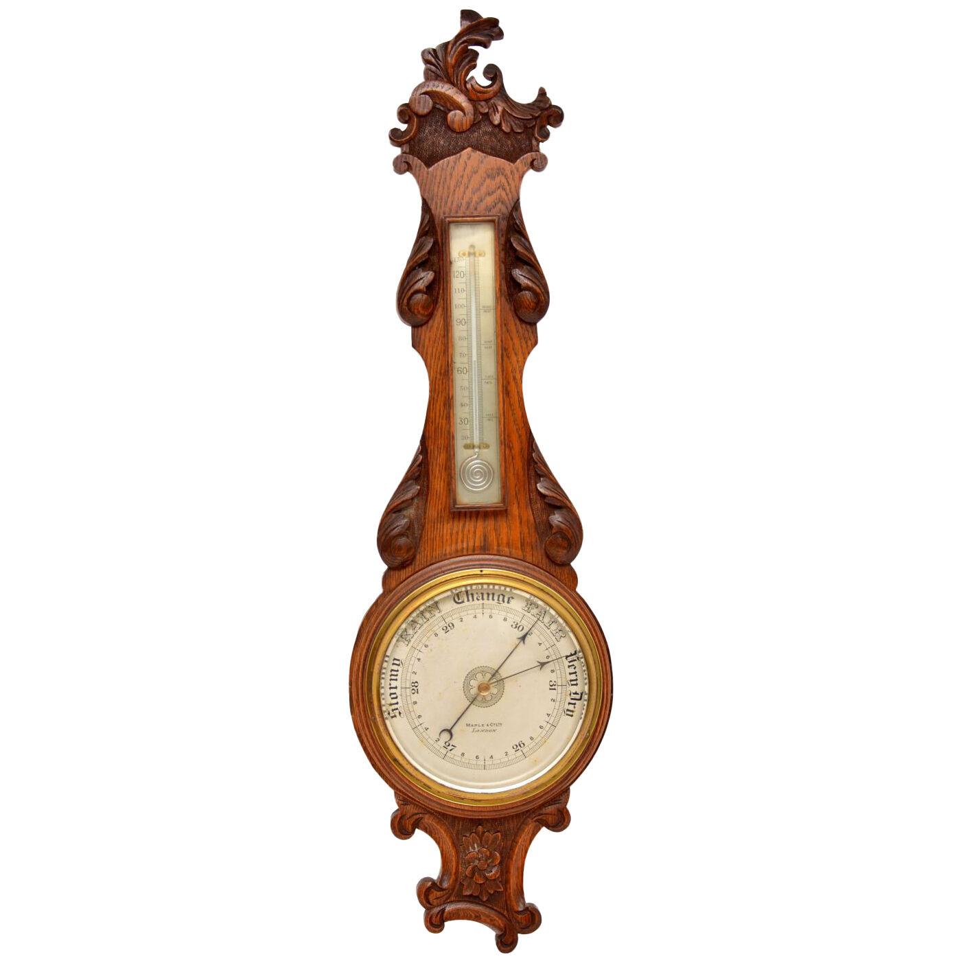 Antique Victorian Carved Oak Banjo Barometer by Maple & Co