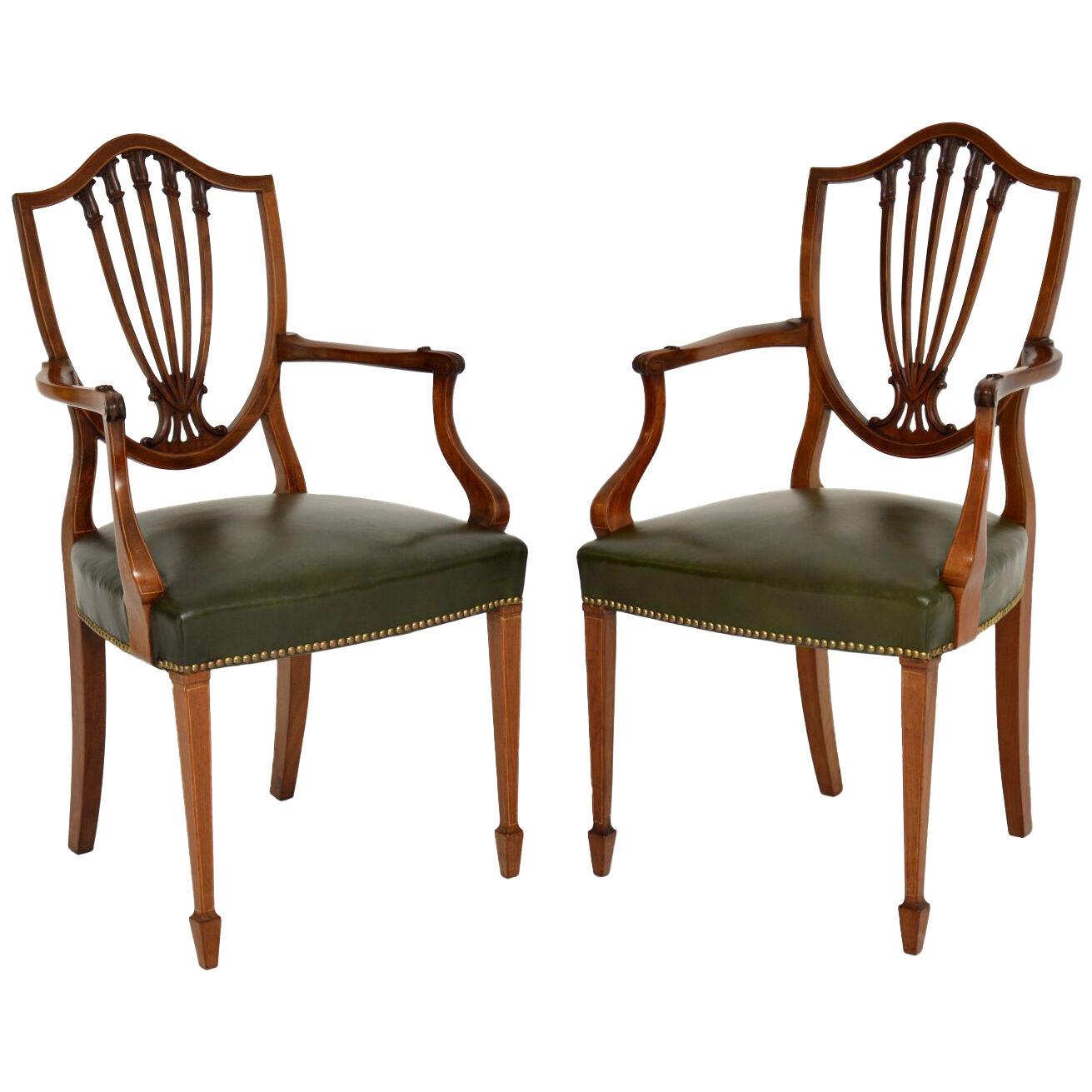 Pair of Antique Mahogany Shield Back Carver Armchairs