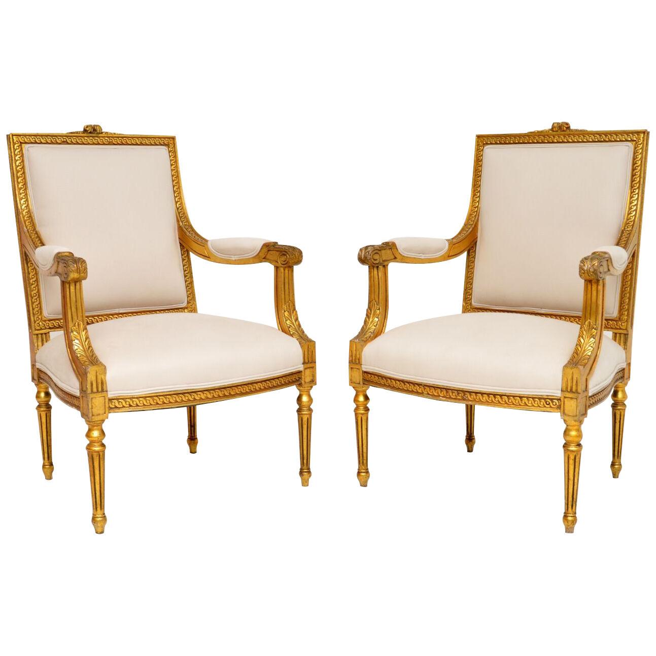 Pair of Antique French Gilt Wood Armchairs