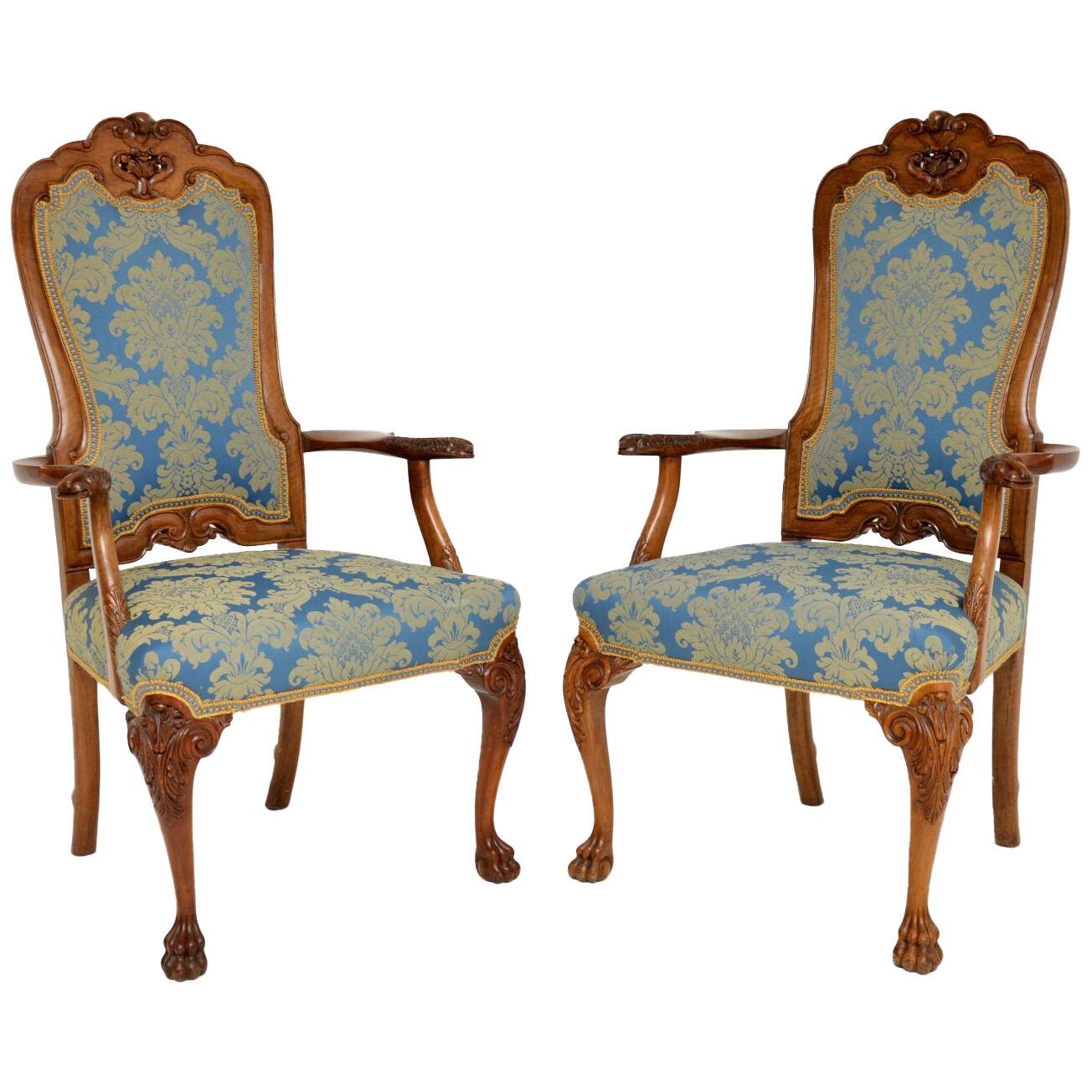 Pair of Antique Walnut Carver Armchairs