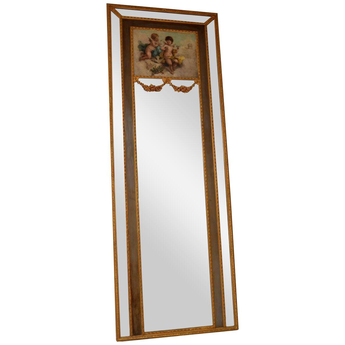 Very Tall Antique Gilt Wood Mirror with Oil Painting