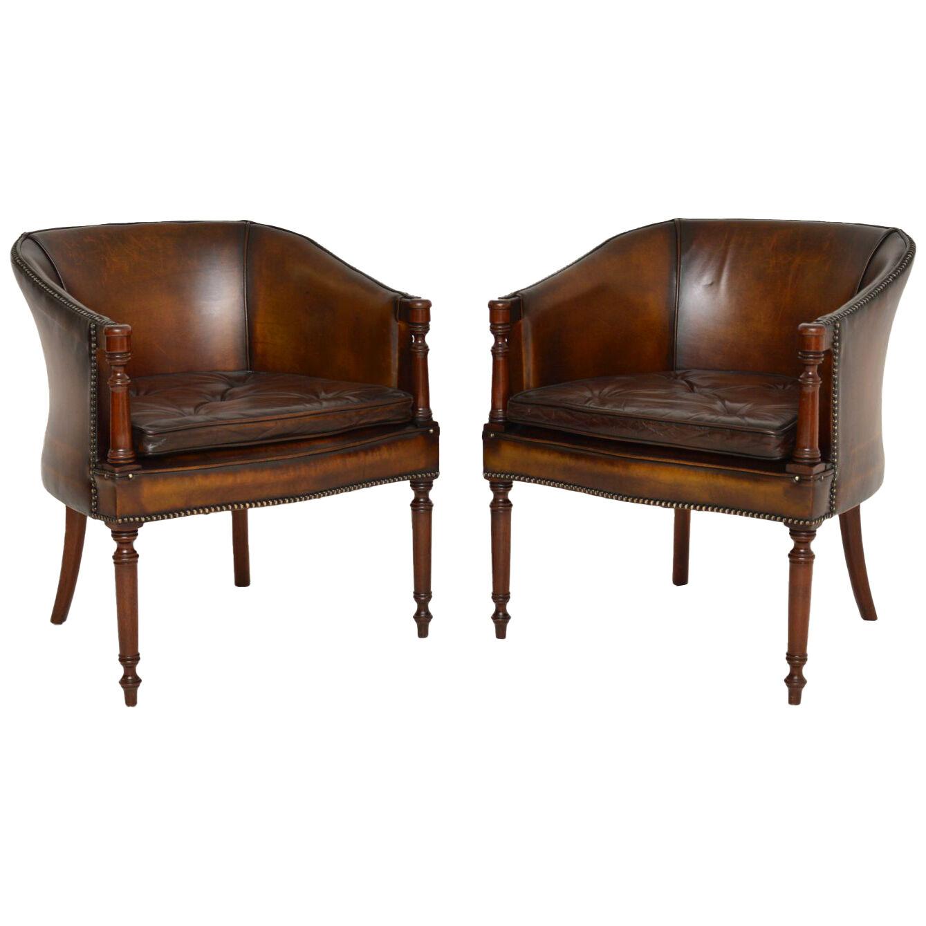 Pair of Antique Leather & Mahogany Armchairs / Desk Chairs