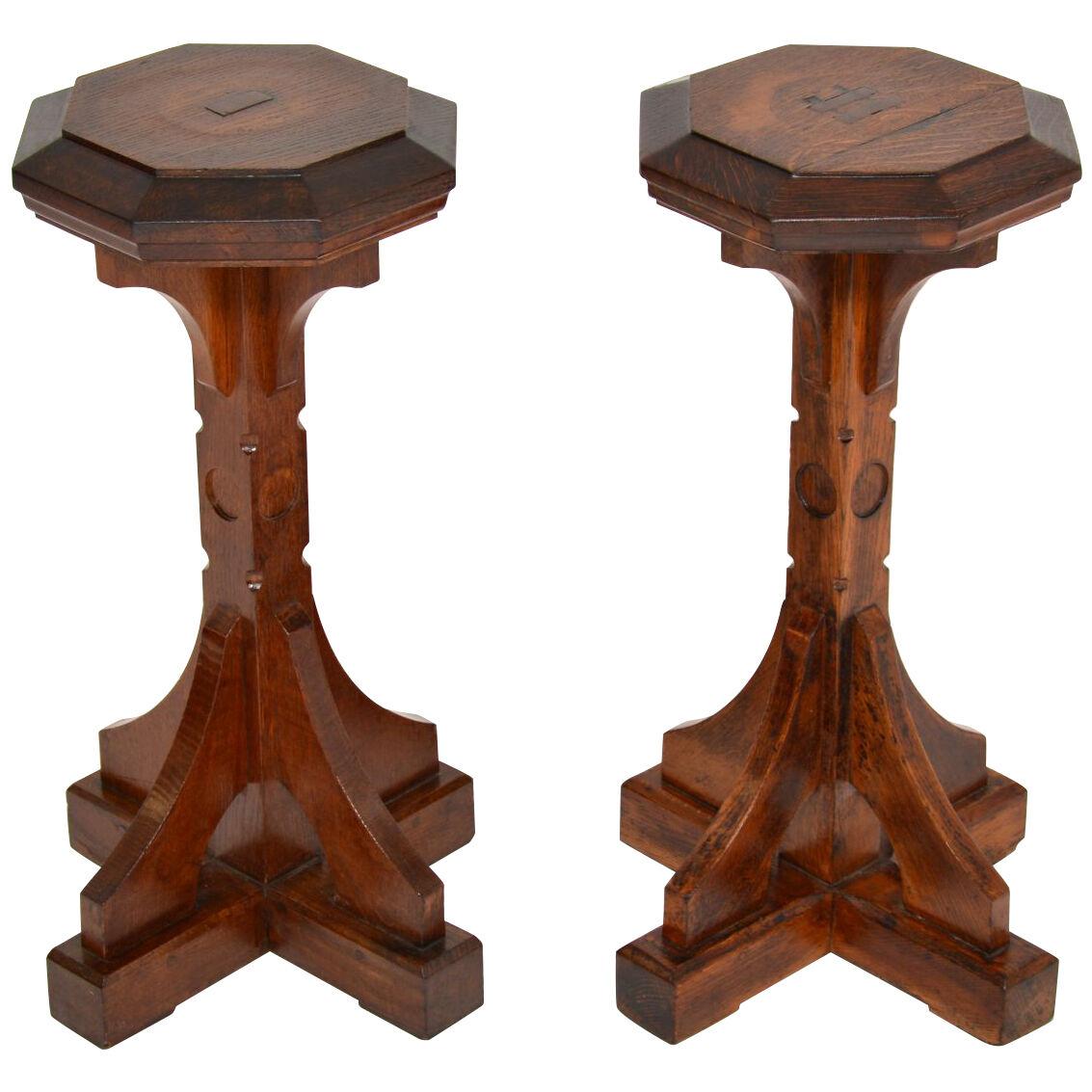 Pair of Antique Solid Oak Pedestal Side Tables