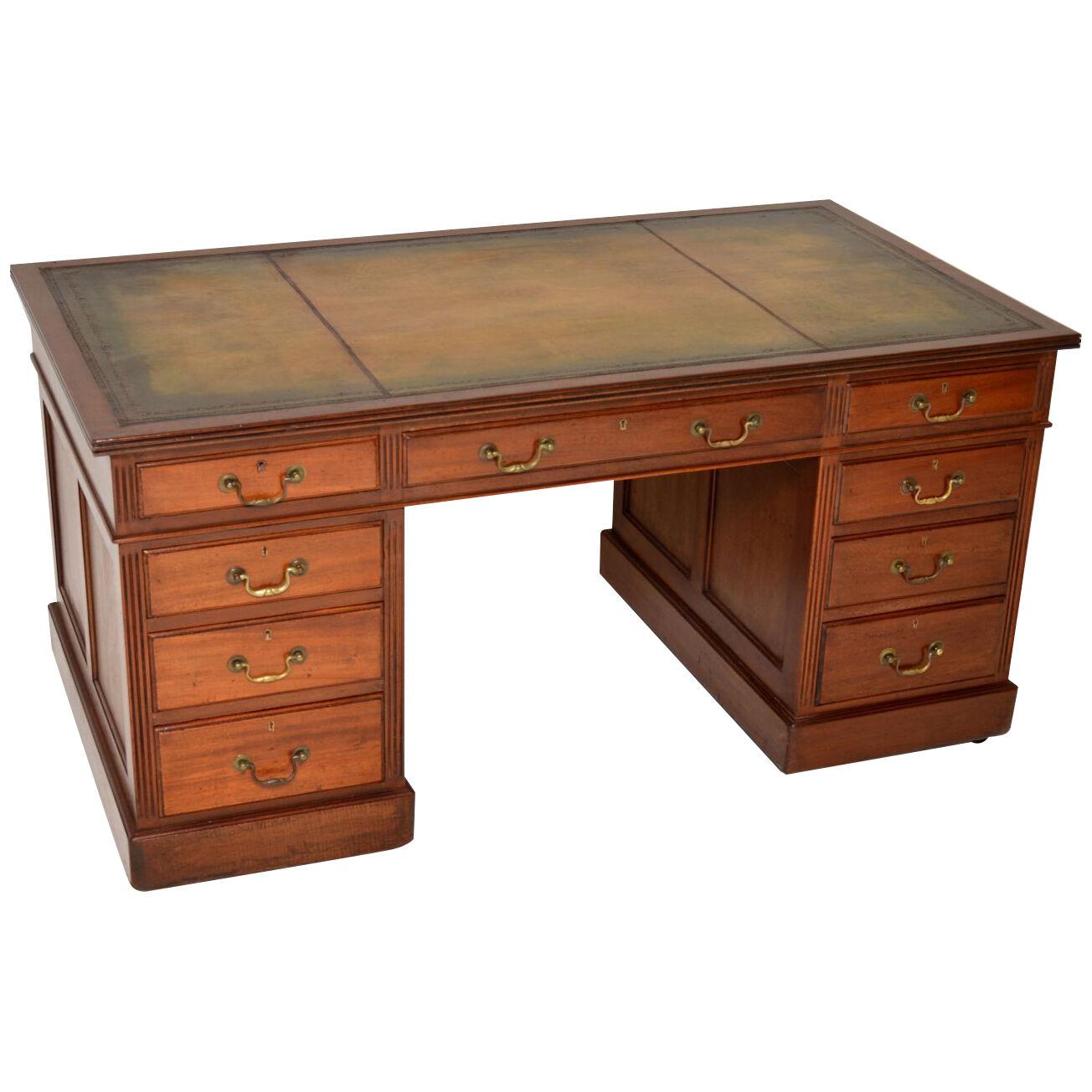 Large Antique Victorian Mahogany Leather Top Pedestal Desk