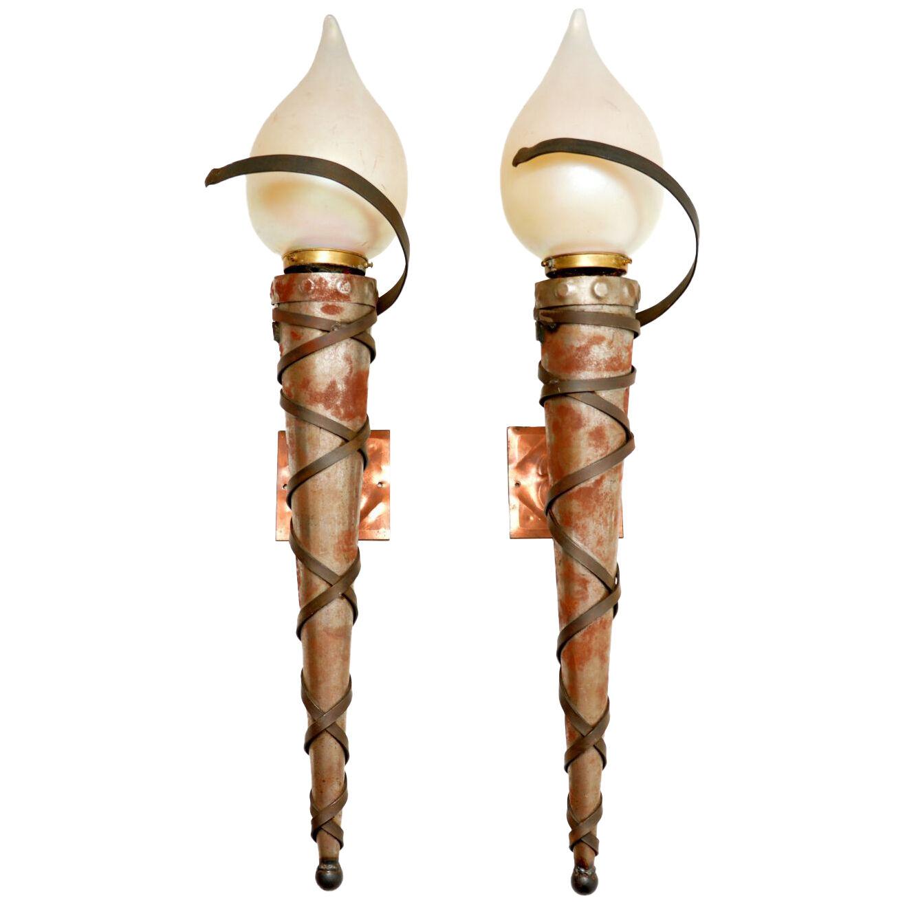 Pair of Art Deco Steel, Copper and Glass Wall Sconce Lamps