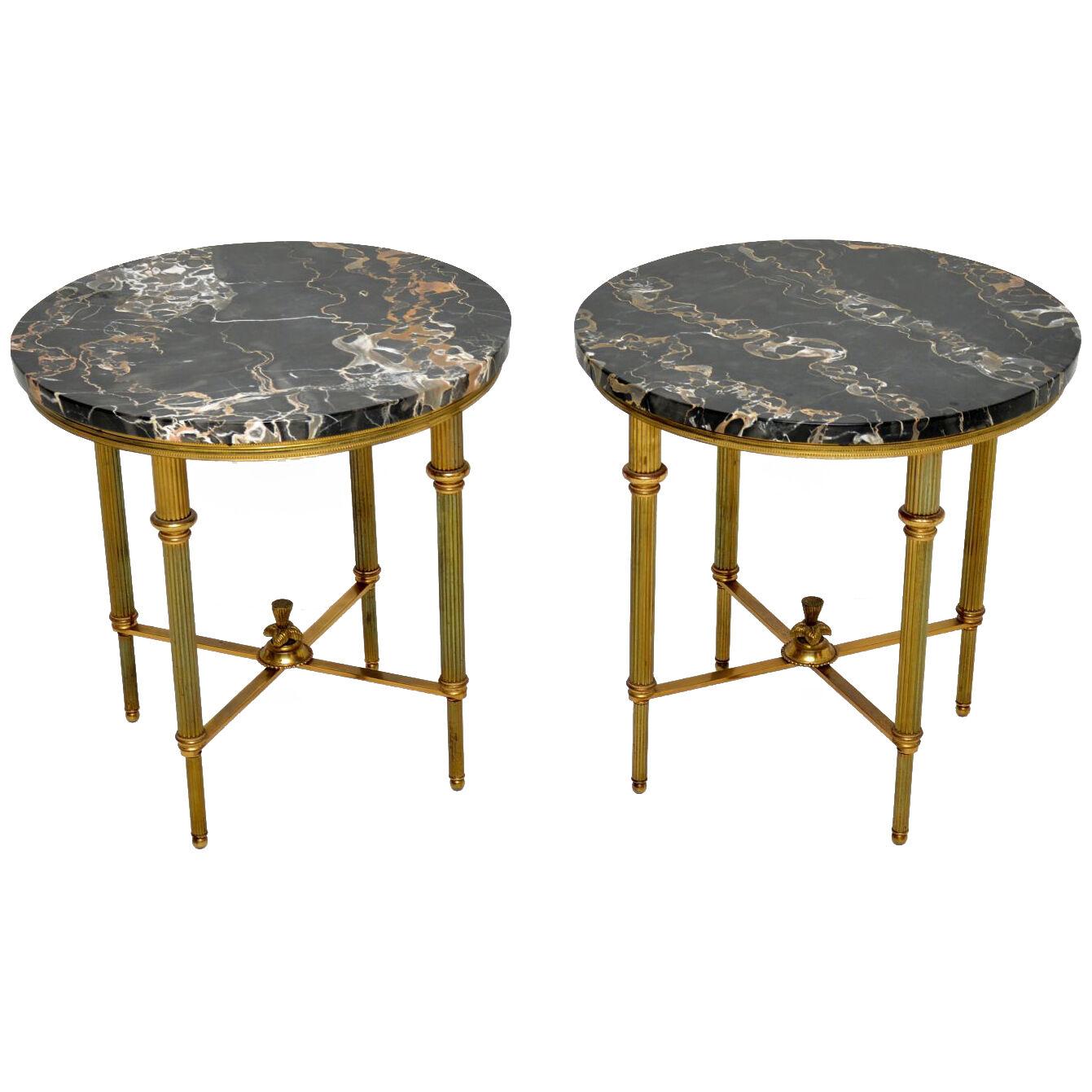 Pair of Antique French Brass & Marble Side Tables