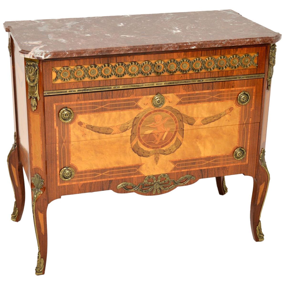 Antique Swedish Inlaid Marquetry Marble Top Commode