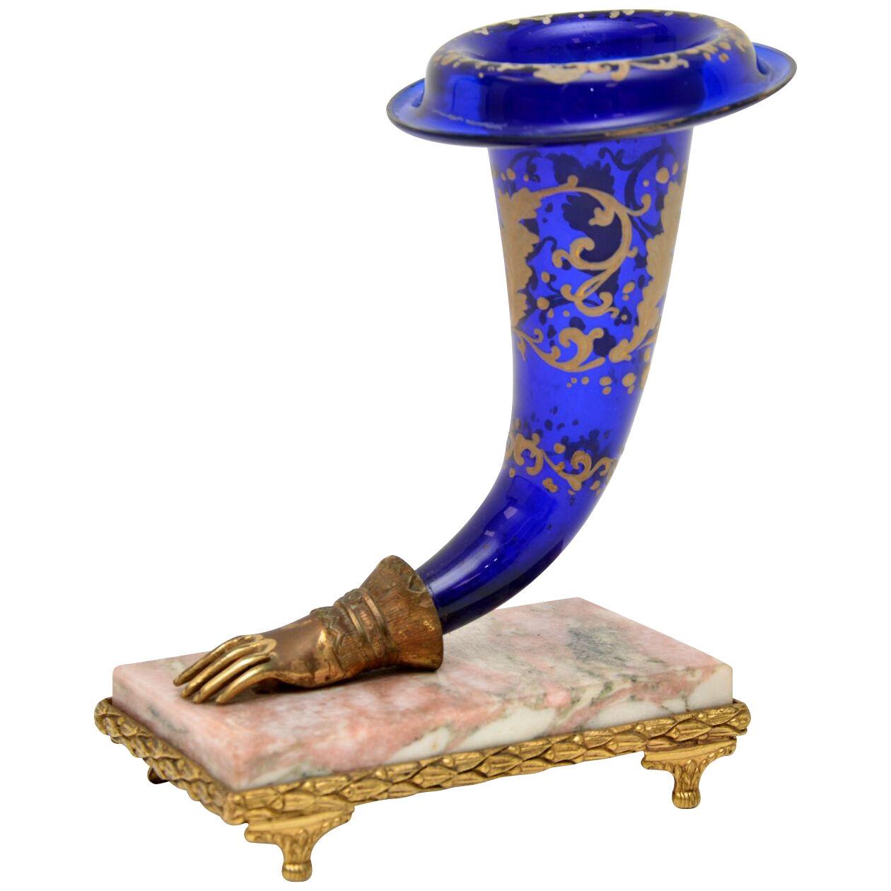 Antique French Glass & Marble Cornucopia Vase