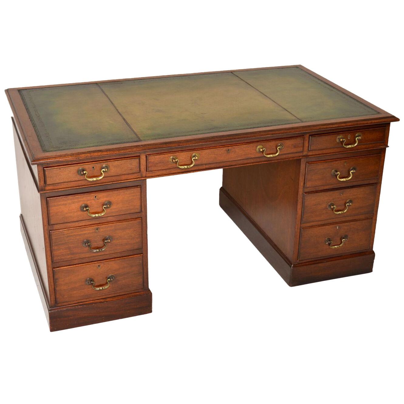 Large Antique Mahogany Leather Top Pedestal Desk
