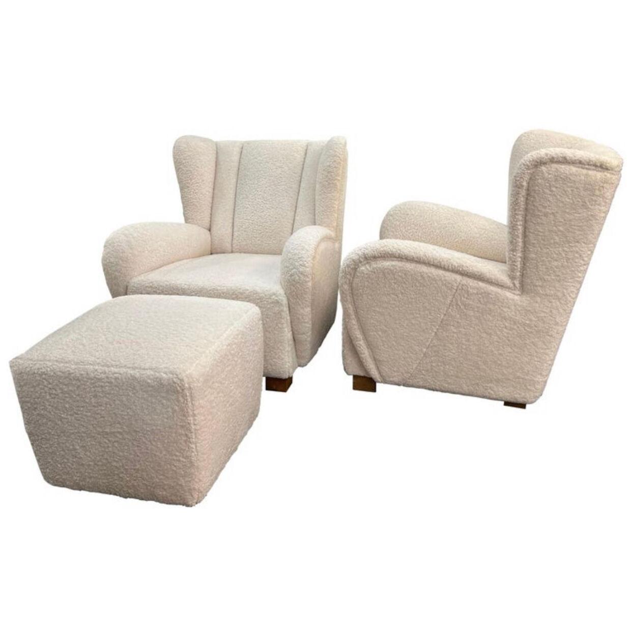 Pair of Italian Boucle Winged Armchairs with Footstool