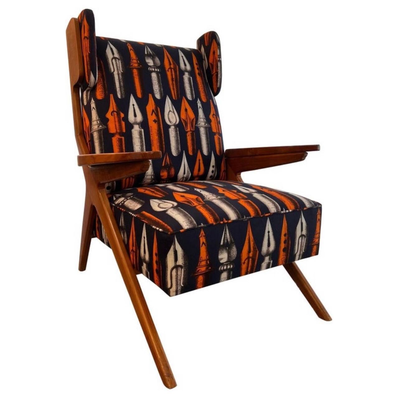 Wingback Library Chair in Piero Fornasetti, Stylo Plume Fabric