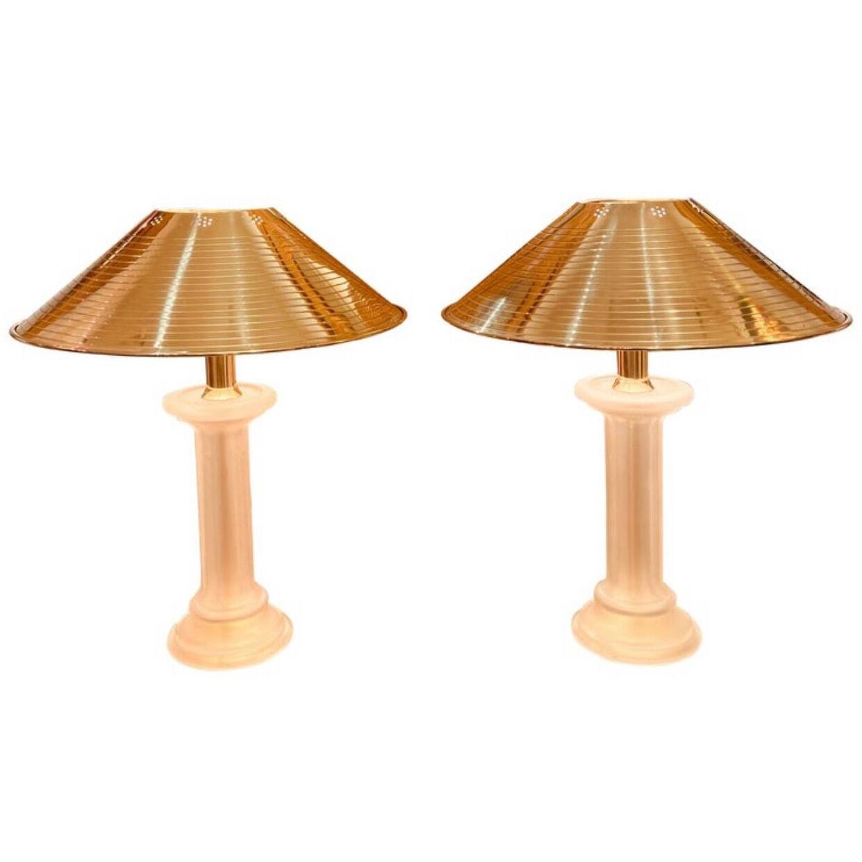 Large Pair Murano Glass & Brass Table Lamps