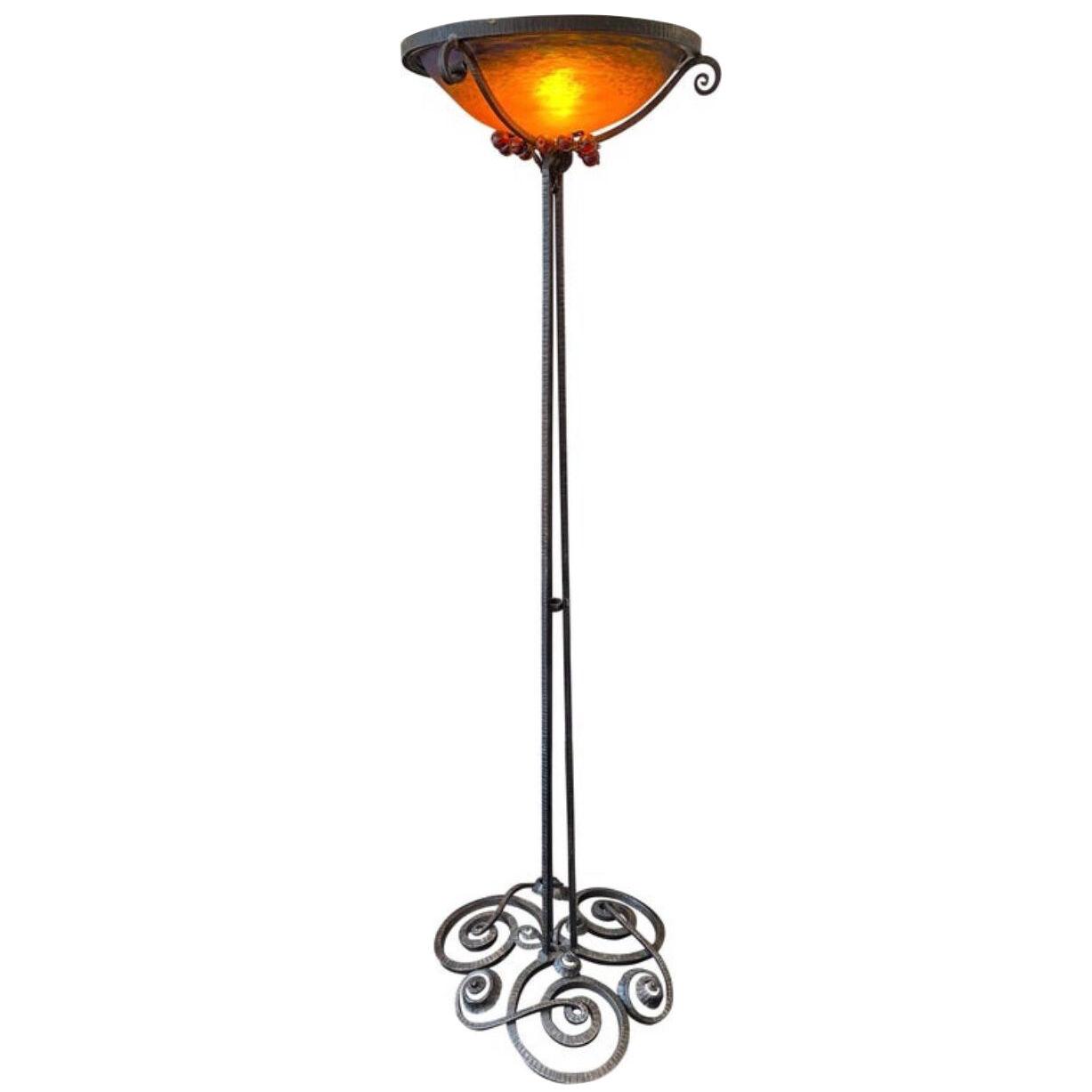 Art Nouveau Jules Cayette and Charles Schneider Wrought Iron Floor Lamp