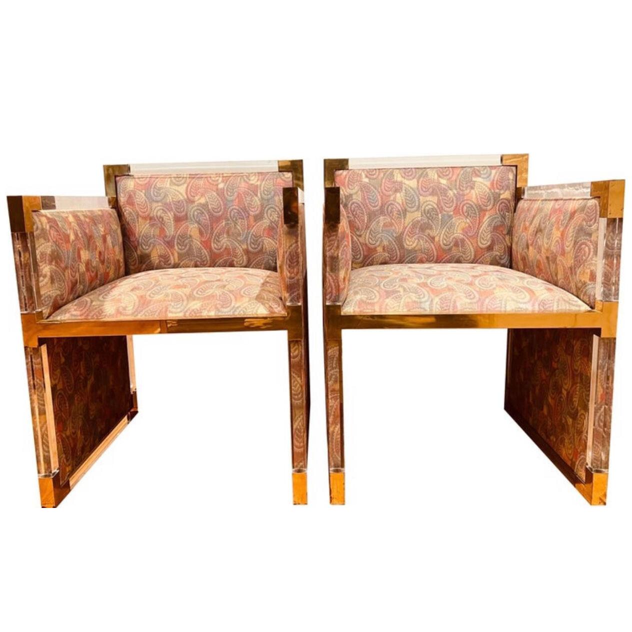 Pair 1970s Lucite and Brass Club Chairs