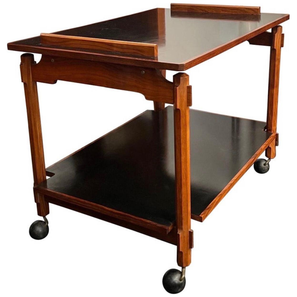 Ico Parisi Bar Cart in Solid Cherrywood with Black Lacquer Trays