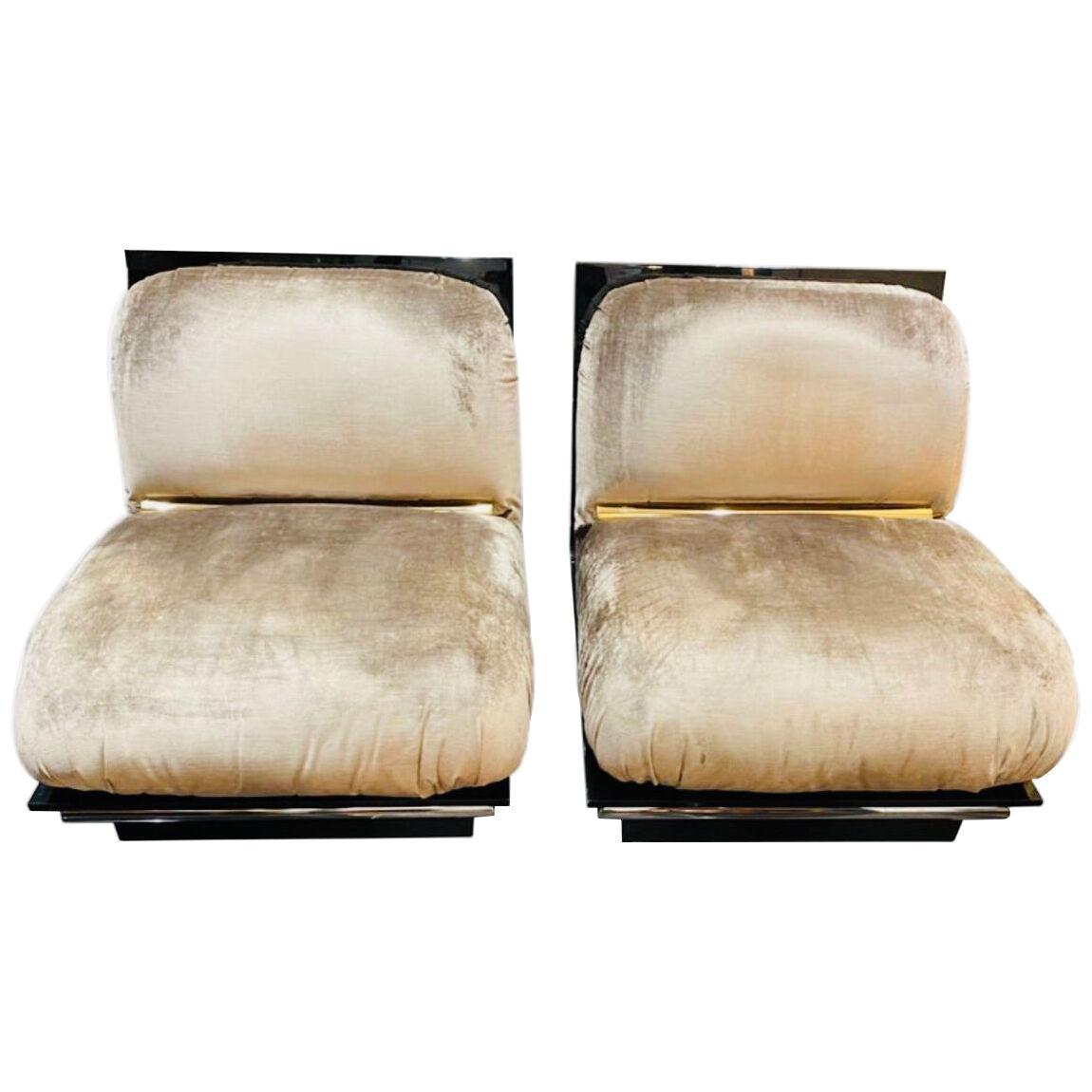 1970s French Smoked Lucite & Silk Velvet Lounge Chairs