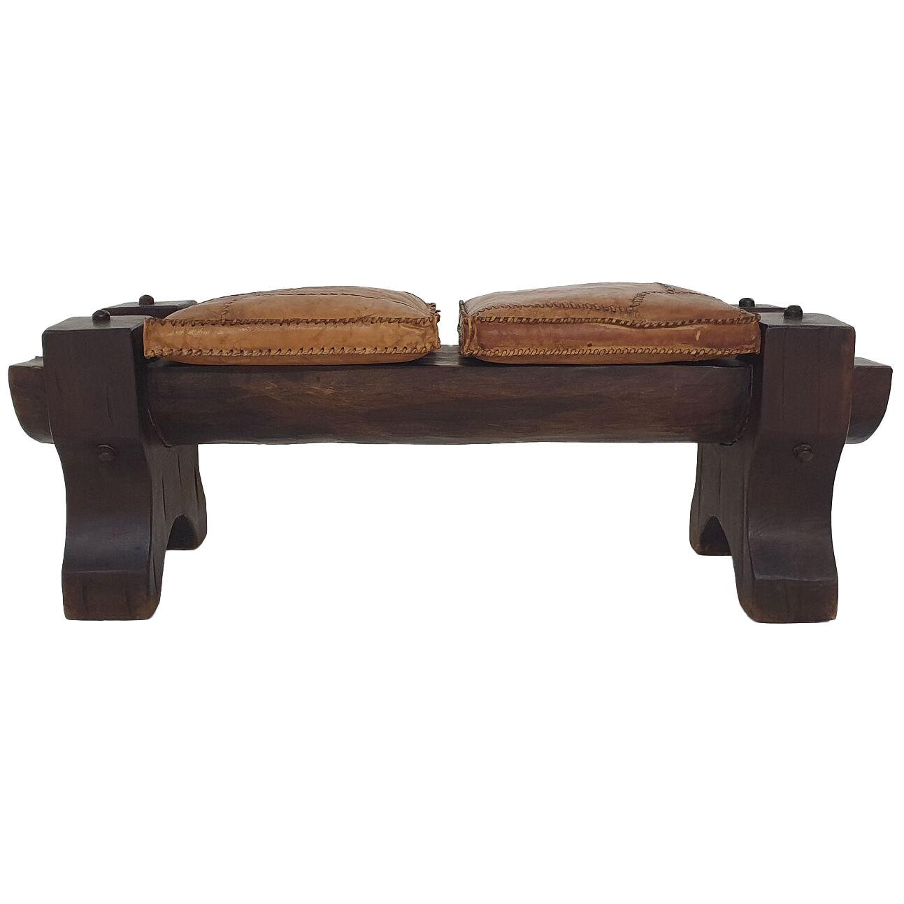 Solid oak bench with leather cushions, Spain 1970's