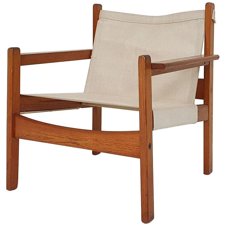 Mid-century "Safari" chair in pinewood and canvas, 1970's
