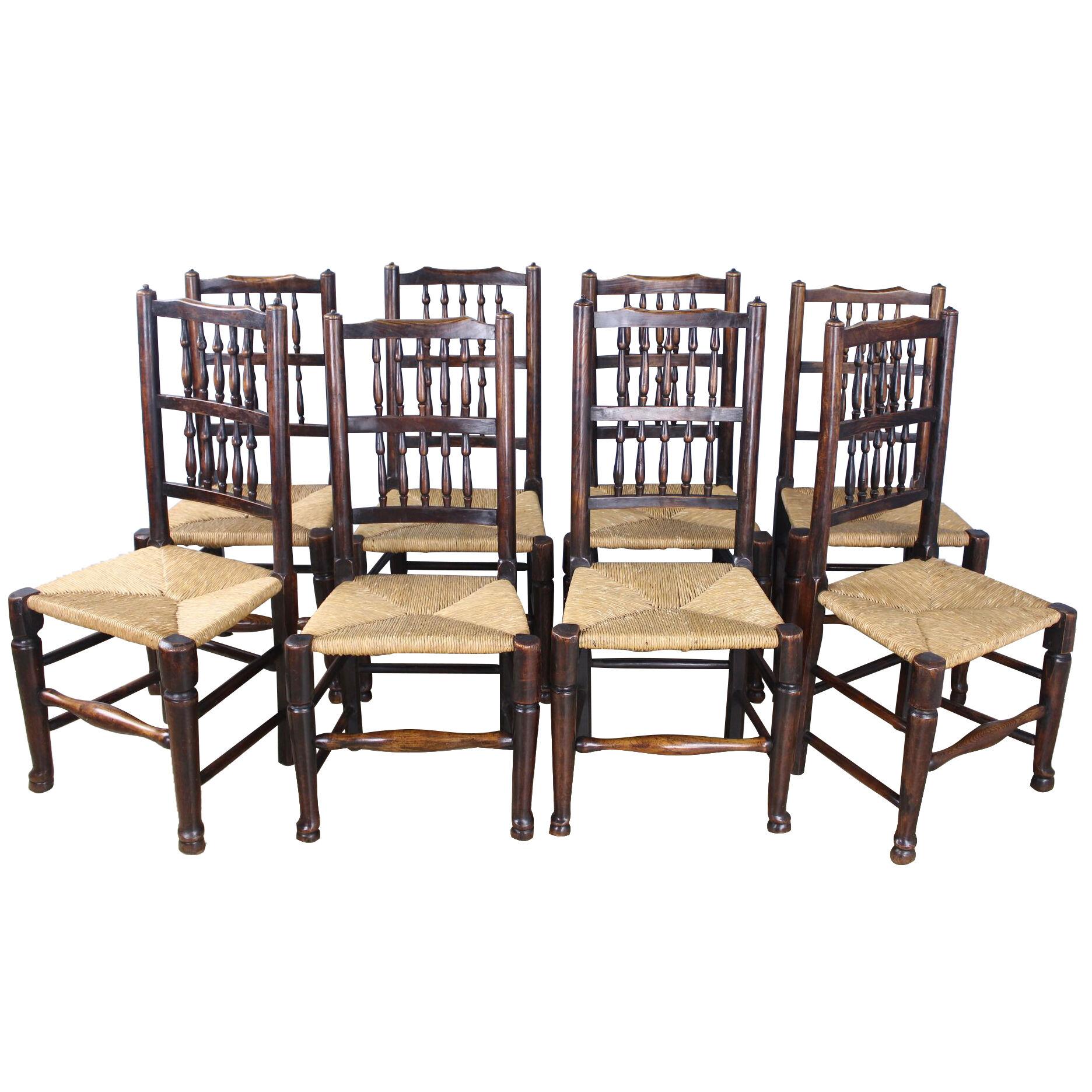 Collection of Eight Early 19th Century Ash and Elm Lancashire Spindleback Chairs