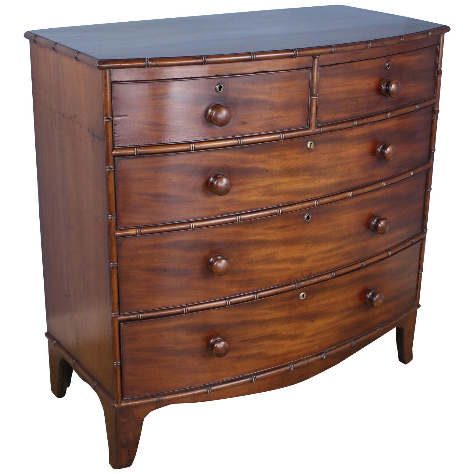 Regency Bowfront Mahogany Faux Bamboo Chest of Drawers