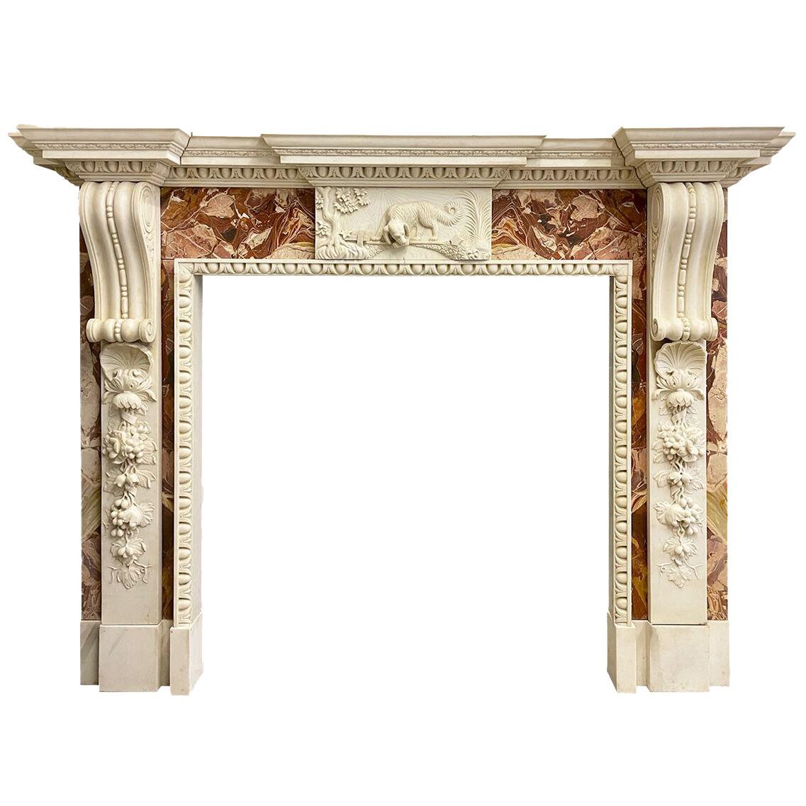 A Large Georgian Style Jasper and White Marble Fireplace Mantel