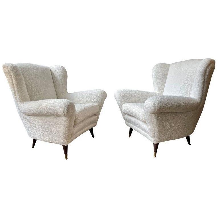 A Pair of Italian Mid Century Armchairs in Boucle Fabric