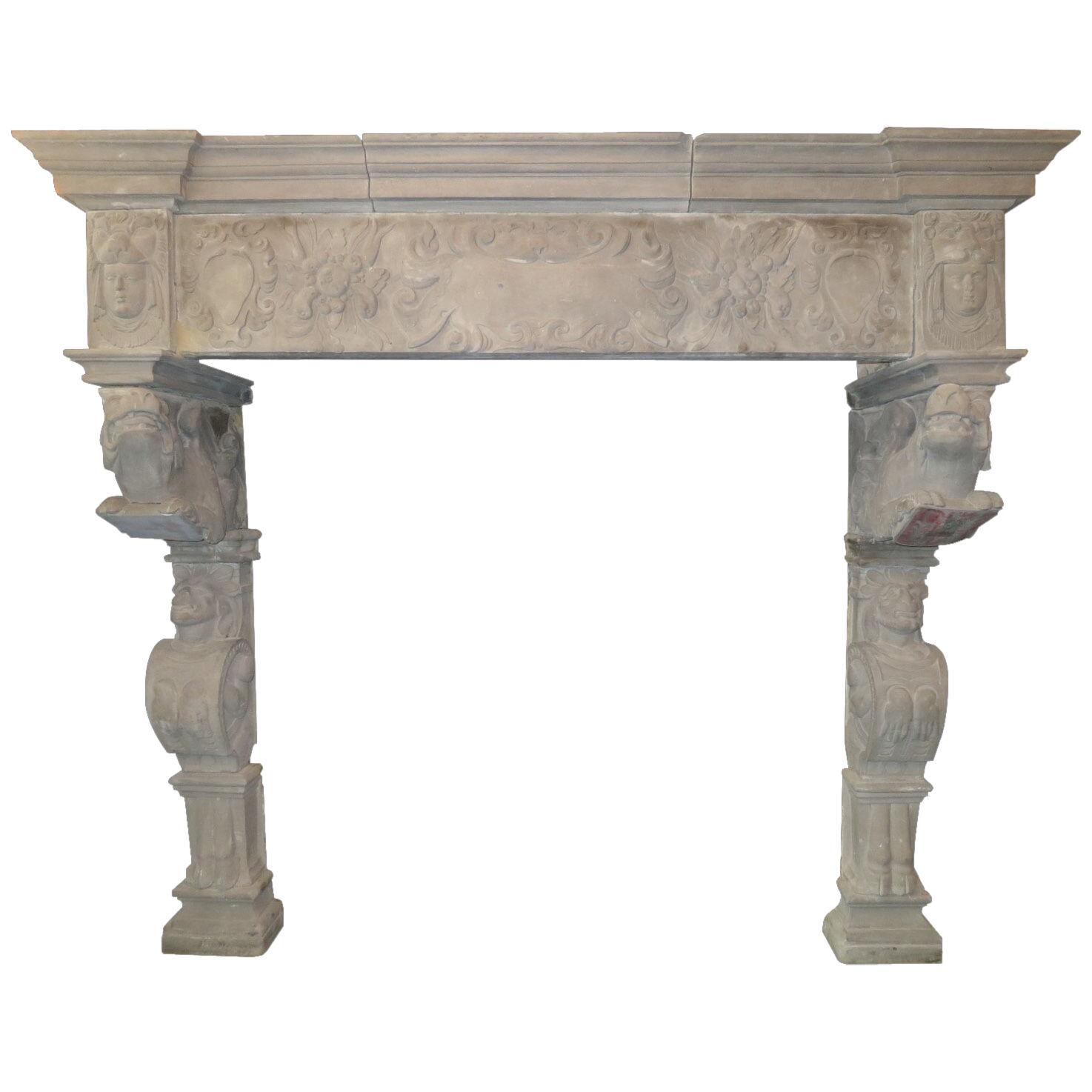 A Monumental Antique Stone Renaissance Fireplace Mantel