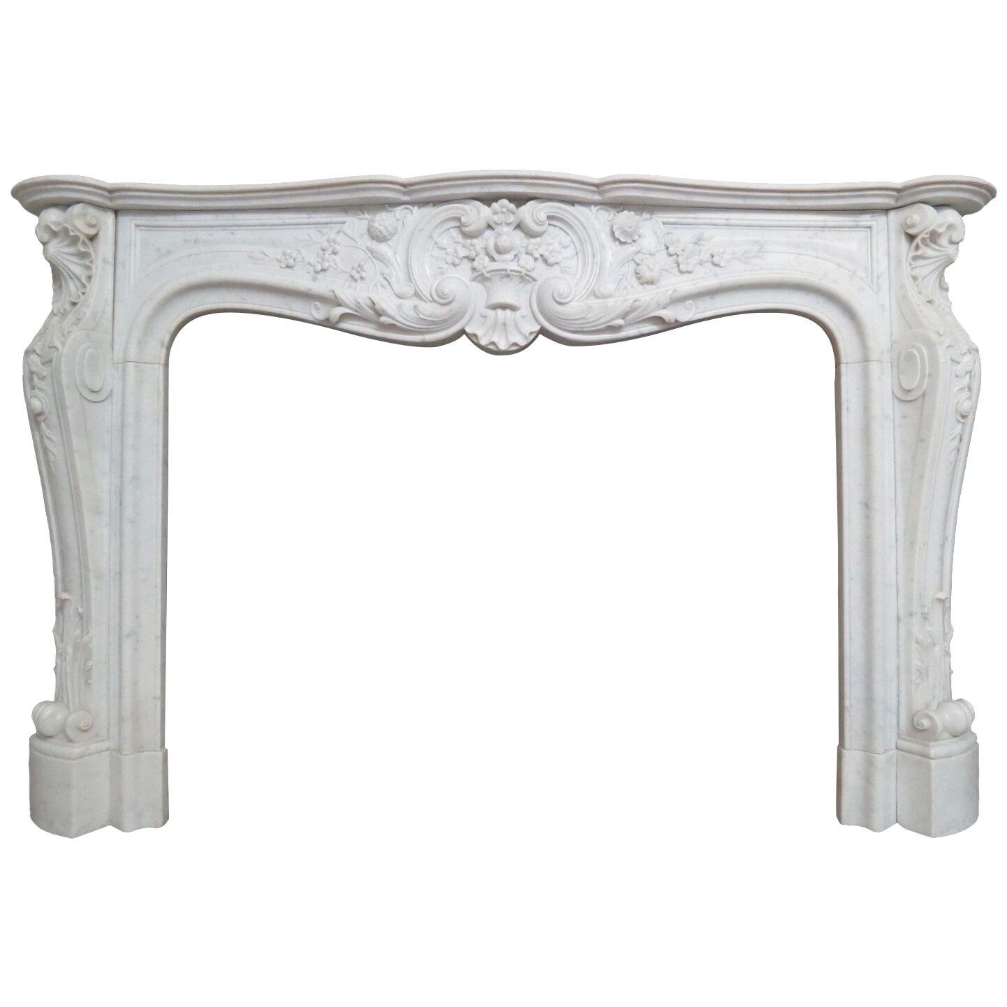 A Large French Antique Louis XV Carrara Marble Fireplace Mantel