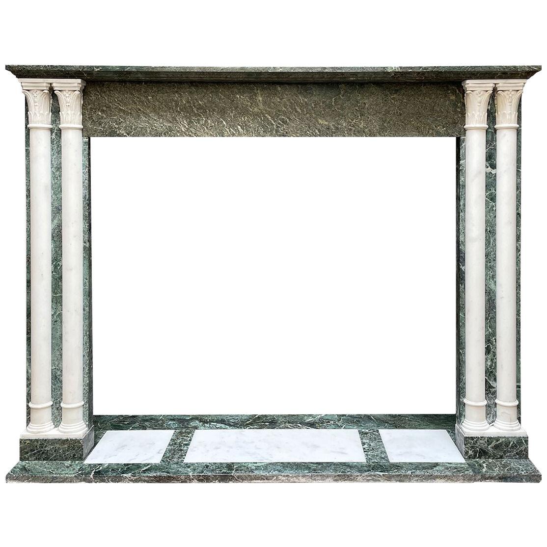 Antique French Fireplace Mantel in Verdi Antico and Statuary Marble