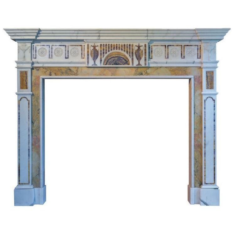 A Large Georgian Style Fireplace Mantel in Statuary and Bluejohn Marble