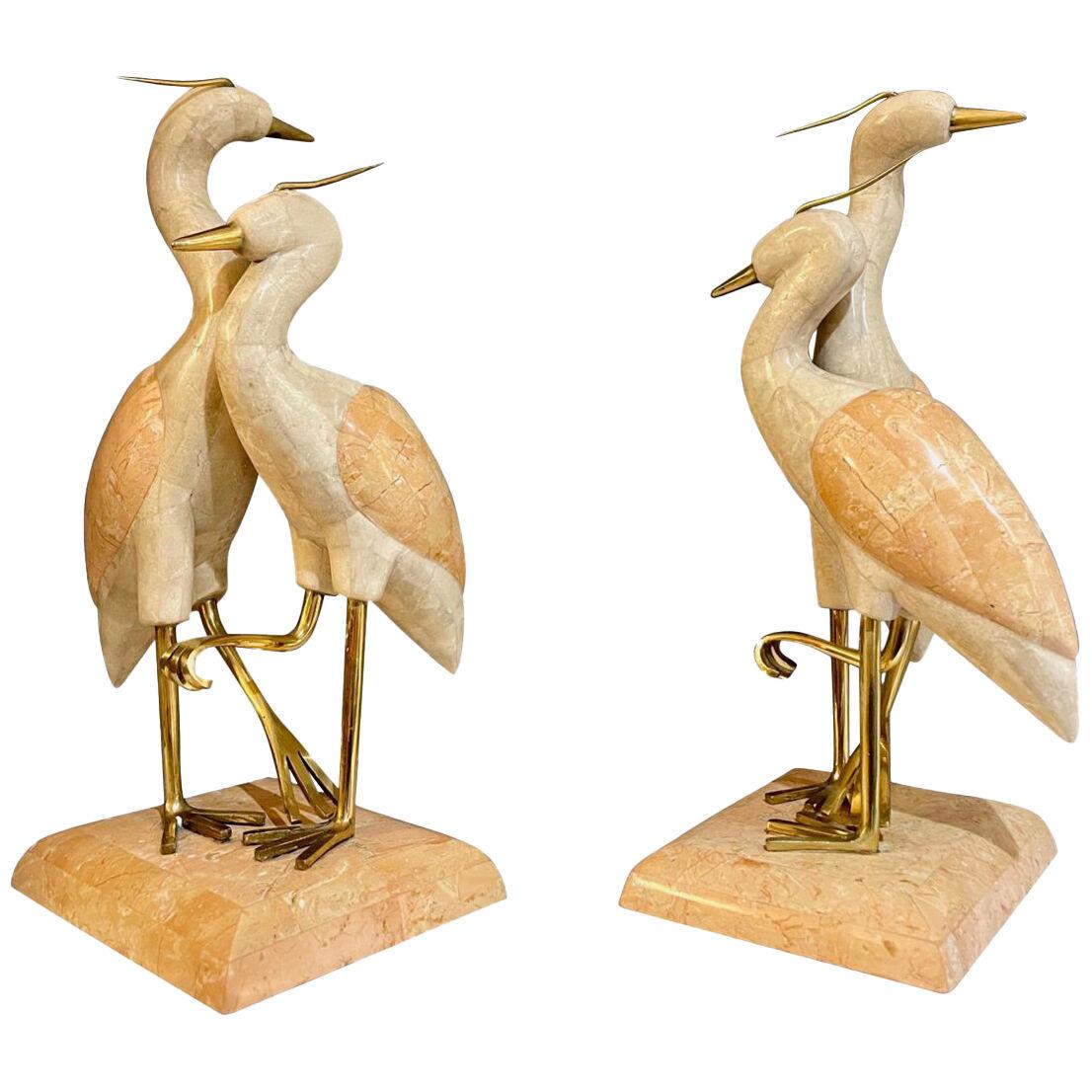 Set of Four Cranes in Tessellated Marble and Brass Sculptures