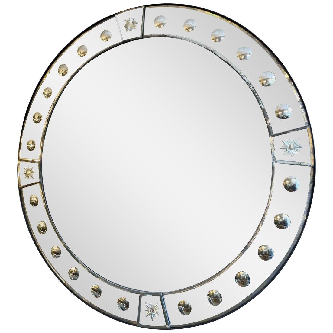 Antique Style Circular Distressed Paneled Mirror