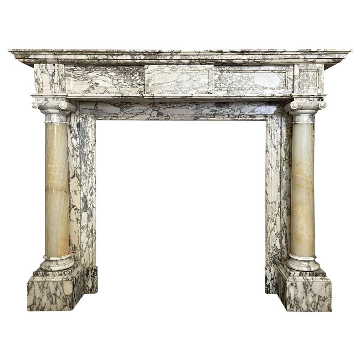Antique French Columned Fireplace Mantel in Breche Marble