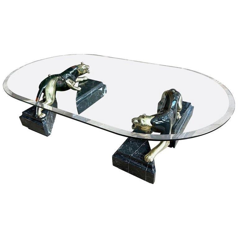 A Very Large Italian Brass and Marble Panther Coffee Table