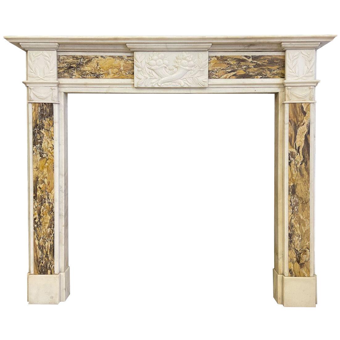 Georgian Style Statuary White and Siena Marble Fireplace Mantel