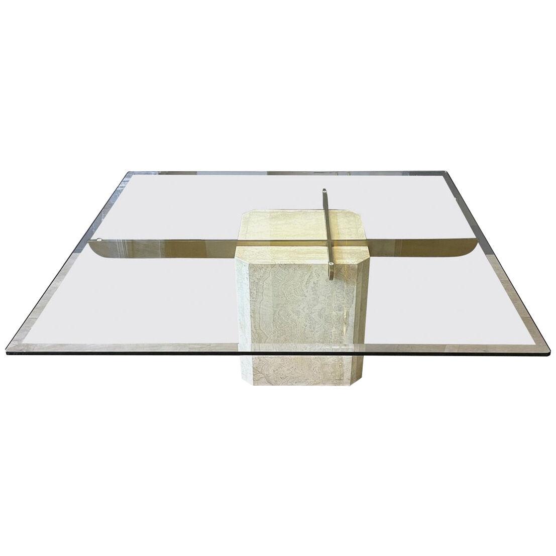 Brass and Travertine Coffee Table by Artedi