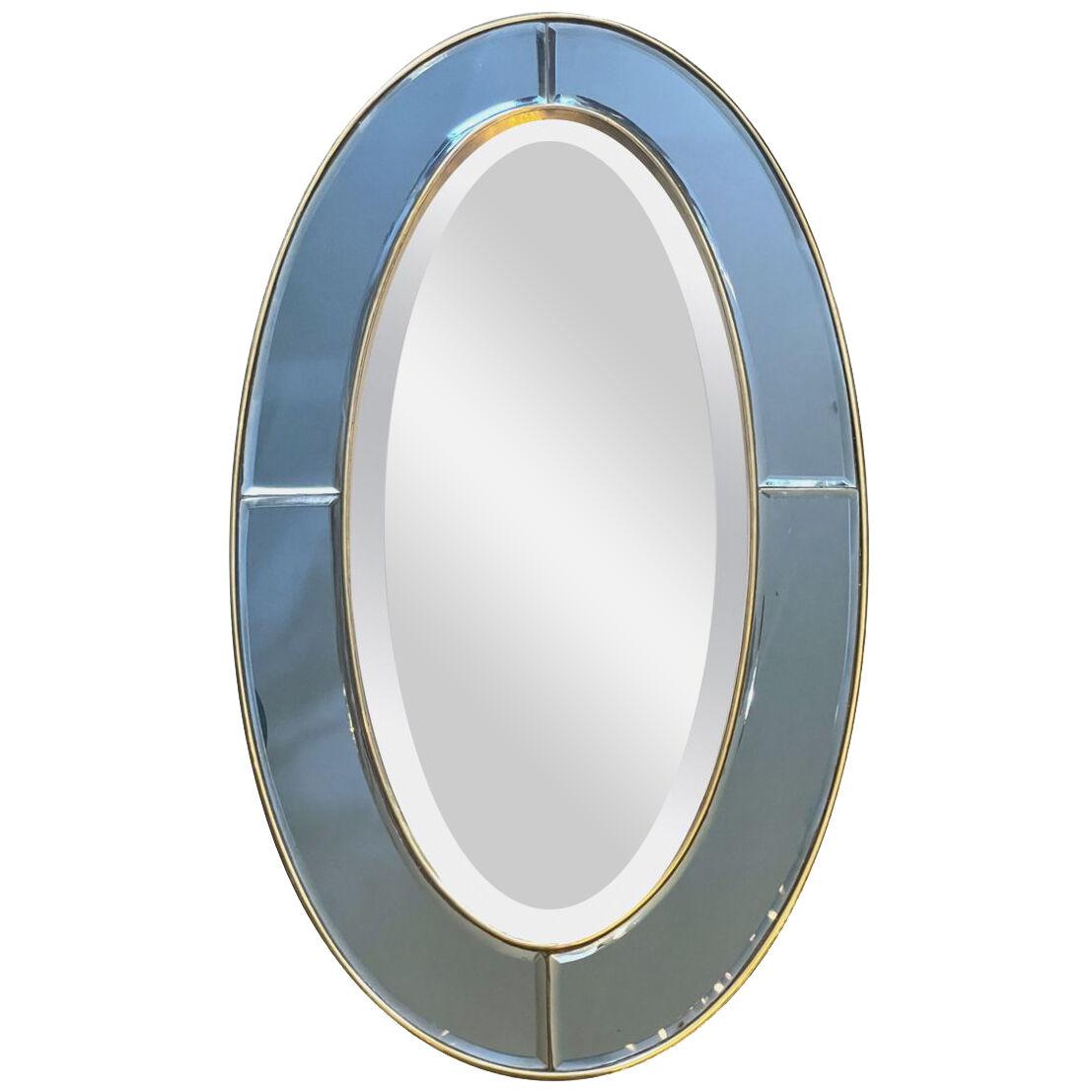 Oval Blue Panelled Brass Framed Mirror