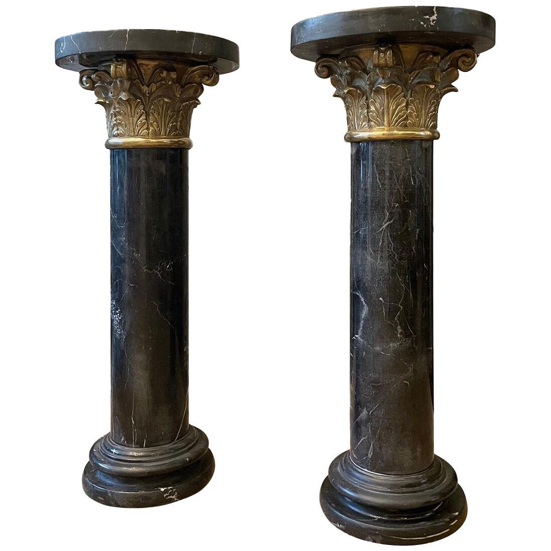 Pair of Black Fossil Marble and Bronze Columns