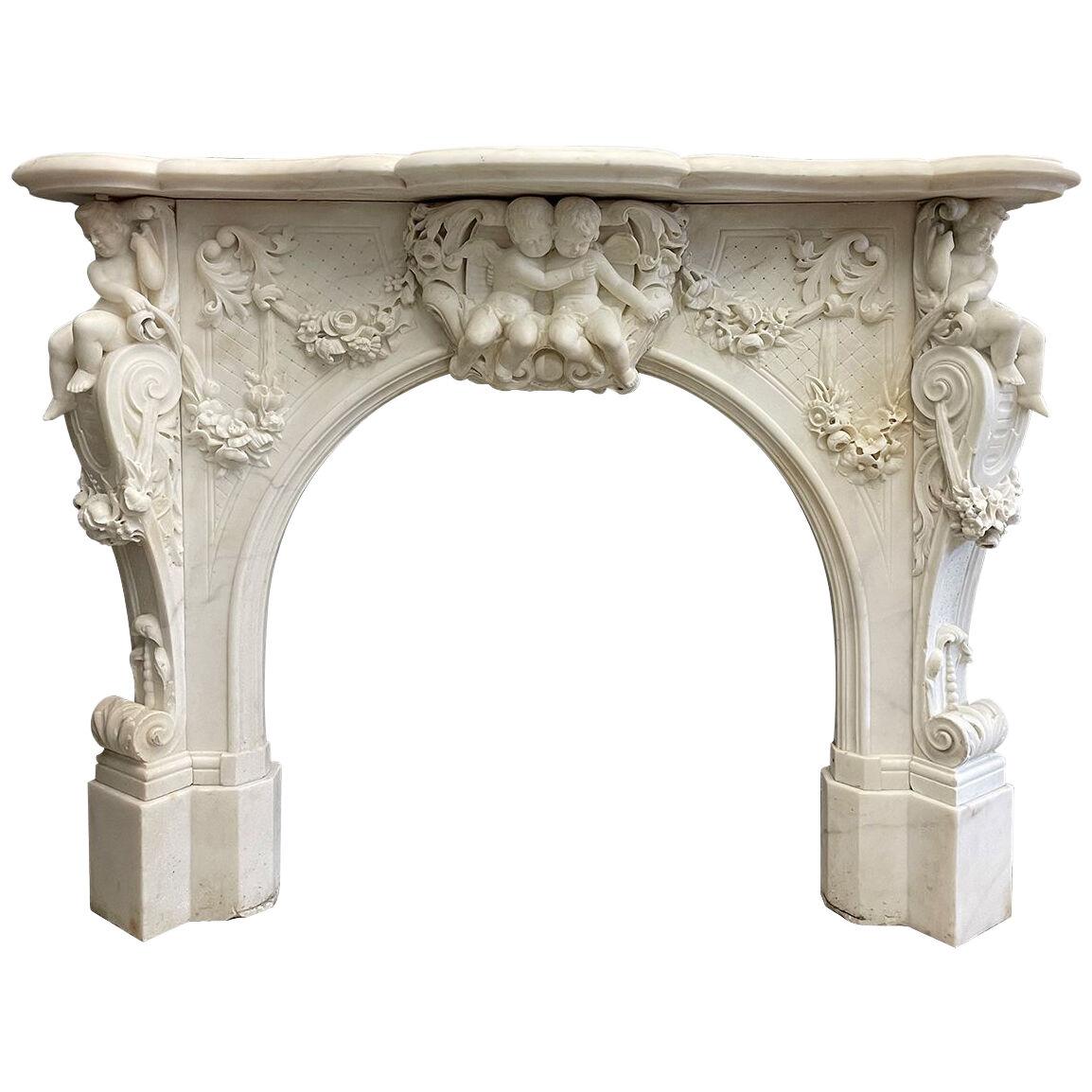 Antique Italian Statuary White Marble Baroque Style Fireplace Mantel